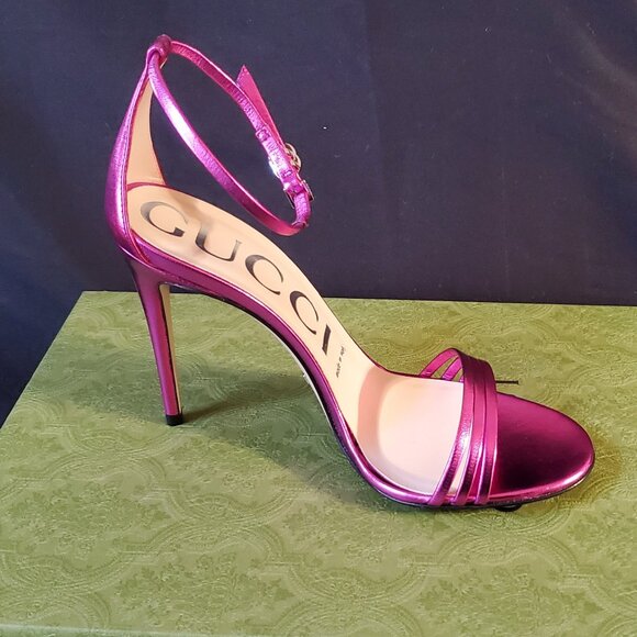 NIB Gucci metallic fuchsia leather stiletto heel GG logo sandals IT 38 US 8 - Picture 3 of 8